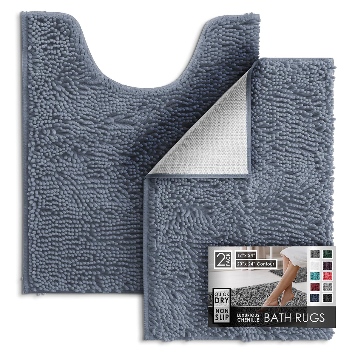 Hearth & Harbor Bathroom Rugs, Chenille Bath Mat - Machine Washable Bath Mats for Bathroom Non-Slip Backing Rubber, Quick Dry Bathroom Mat, 17 x 24 + 20 x 32 - Hunter Green