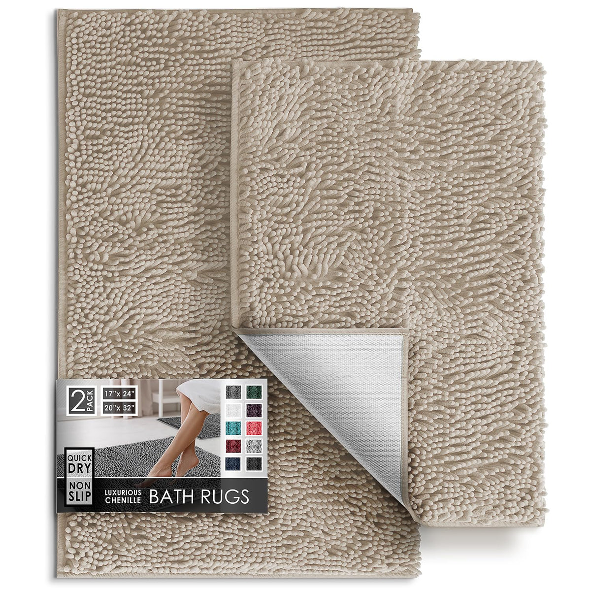 Hearth & Harbor Bathroom Rugs, Chenille Bath Mat - Machine Washable Bath Mats for Bathroom Non-Slip Backing Rubber, Quick Dry Bathroom Mat, 17 x 24 + 20 x 32 - Hunter Green
