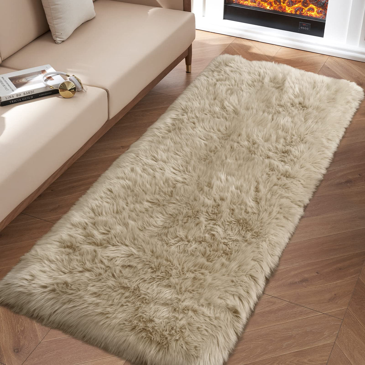 Tangsoo 2x6 Beige Faux Fur Rug,Soft Sheepskin Fluffy Runner Rug for Bedroom