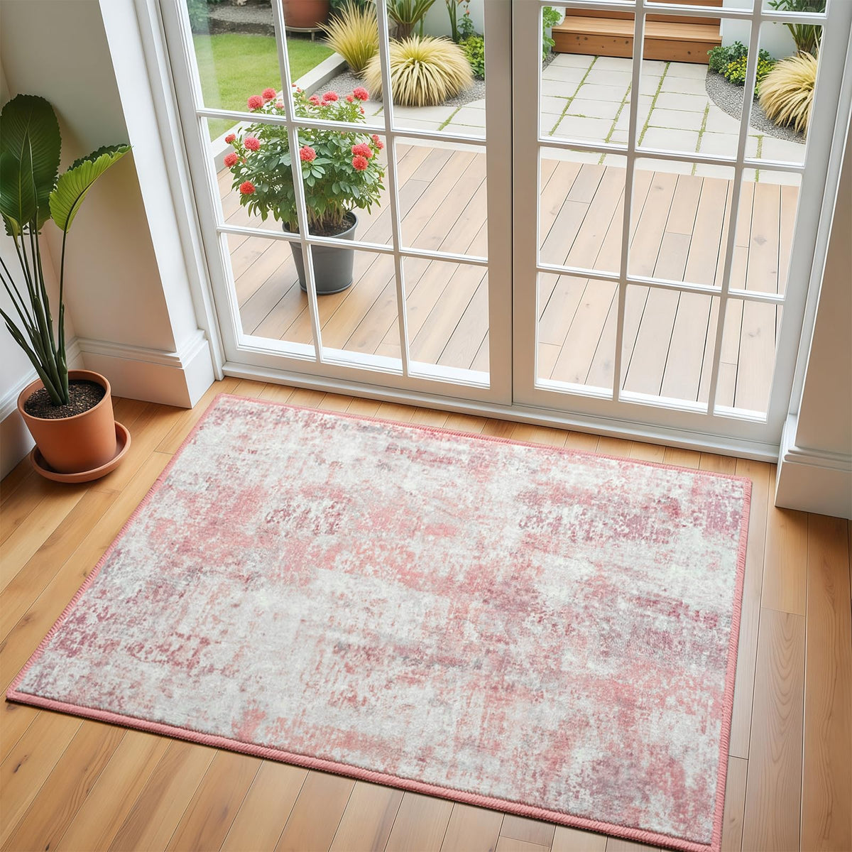 Pink Washable Runner Rug for Bedroom, Abstract Non-Slip Soft Entryway Rugs, Modern Low Pile Stain Resistant 2x6 Carpet for Entryway, Kitchen, Hallway, Bedside