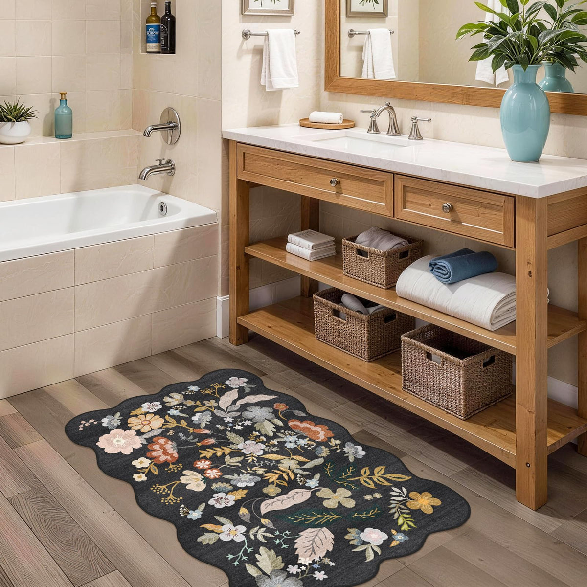 2x4 Rug Washable for Entryway - Non-Slip Scalloped Floral Throw Rug Black