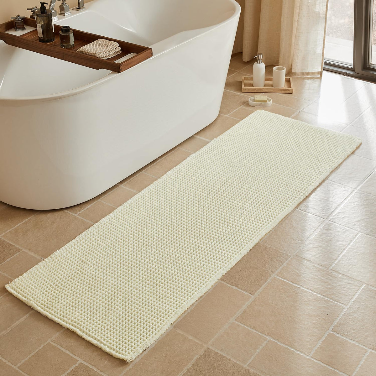 Triohero Waffle Bath Mat, Small Boho Bathroom Rugs Non Slip, 16x24 Khaki