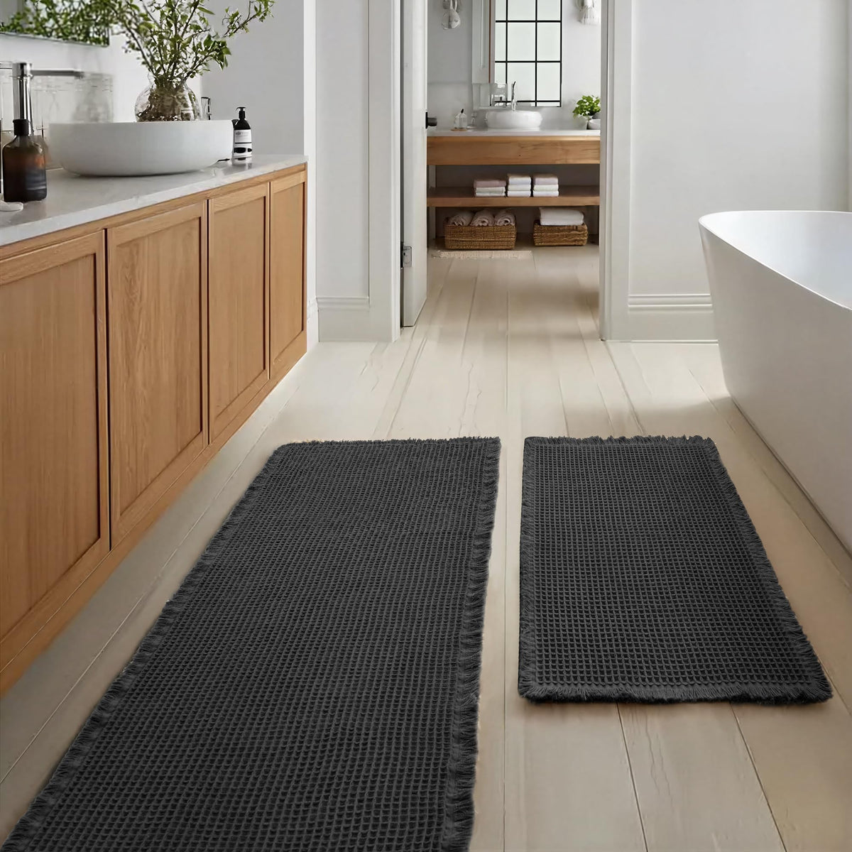 JIUZHEN Set of 2 Waffle Bath Mats Boho Bath Rugs 16"x24"+20"x32", Brown