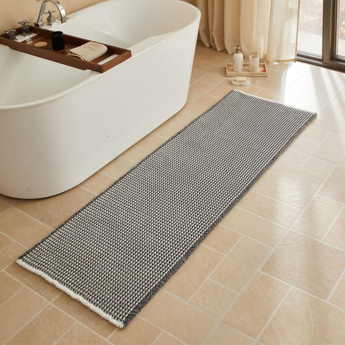 Triohero Waffle Bath Mat, Small Boho Bathroom Rugs Non Slip, 16x24 Khaki