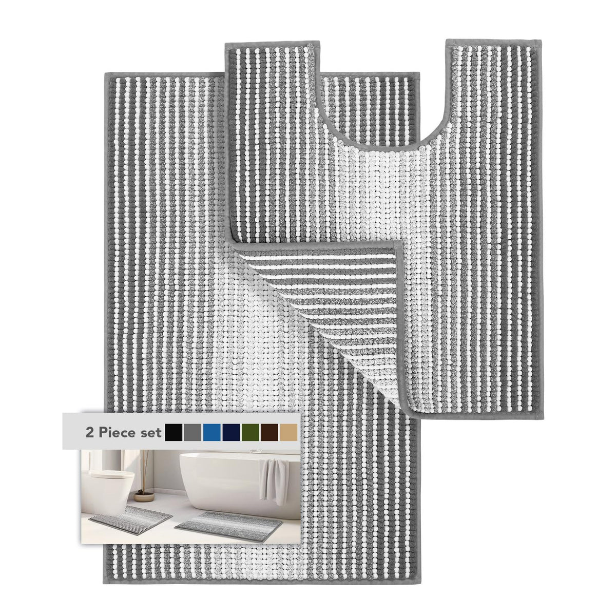 BSICPRO Bathroom Rugs Sets 2 Piece, Non Slip Striped Bath Mats, Sage