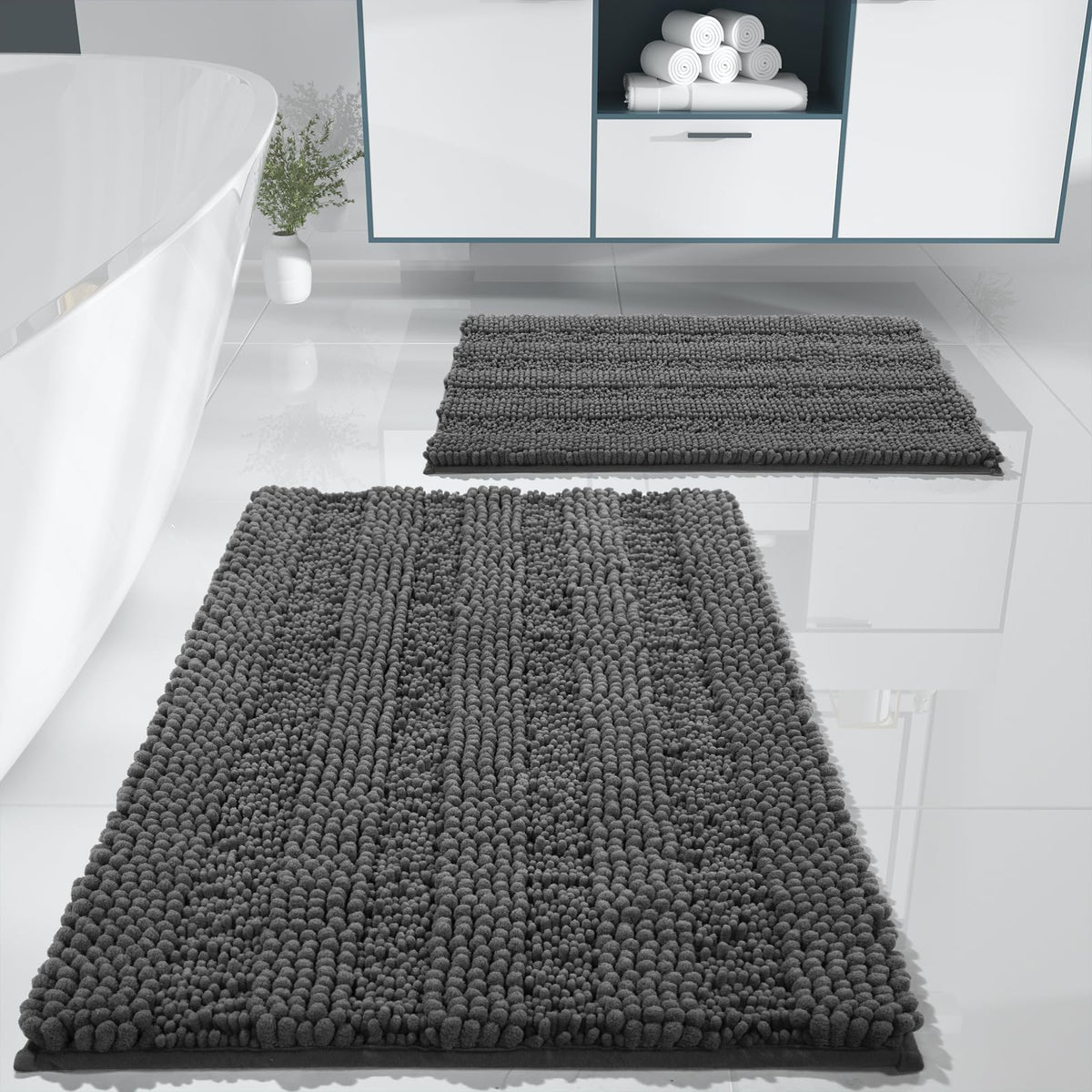 Yimobra Bathroom Rug Set 2 Piece, Absorbent Bath Mat Set, 32x20+24x17, Gray