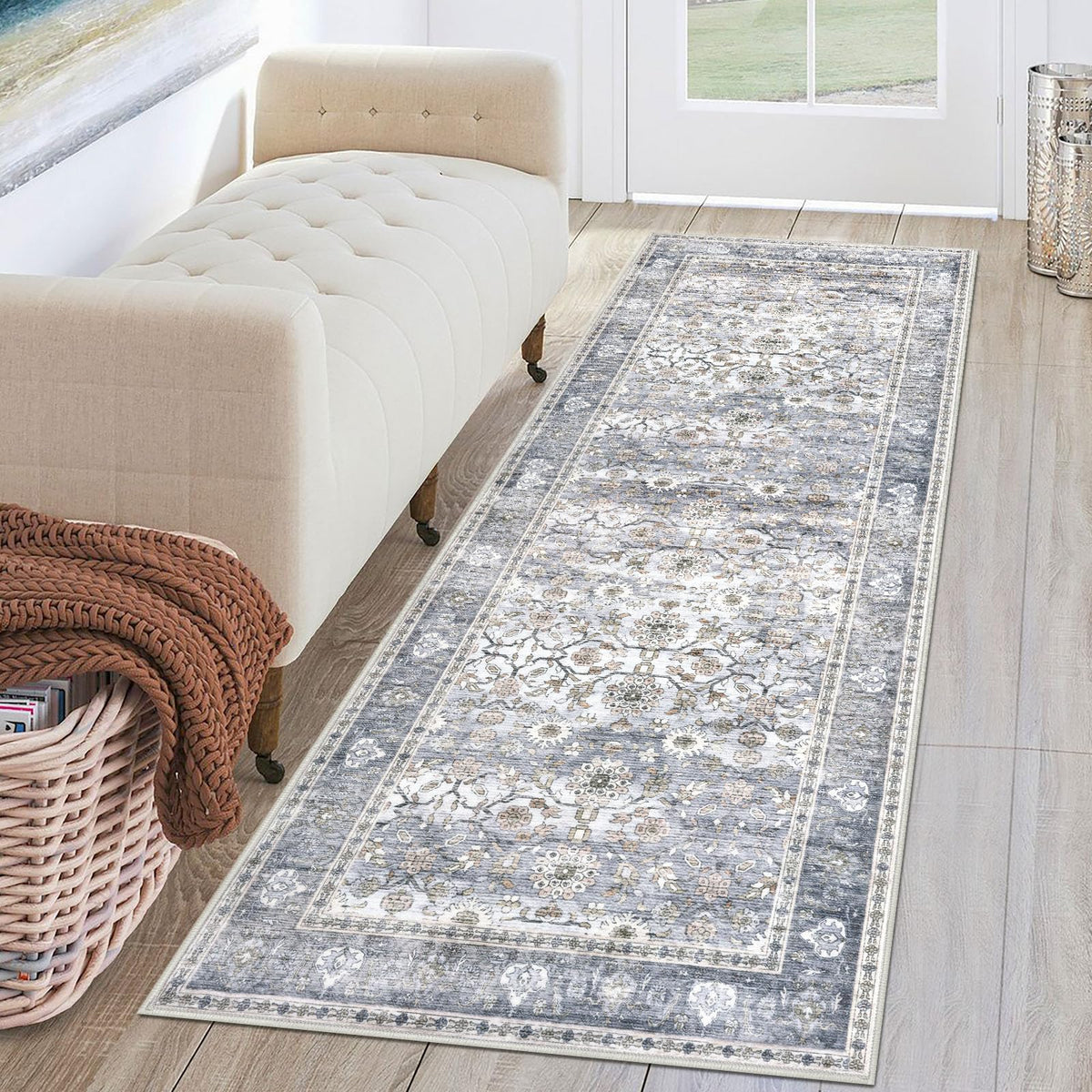 KUTA Vintage Floral Washable 2x3 Rugs for Entryway Blue Grey Beige