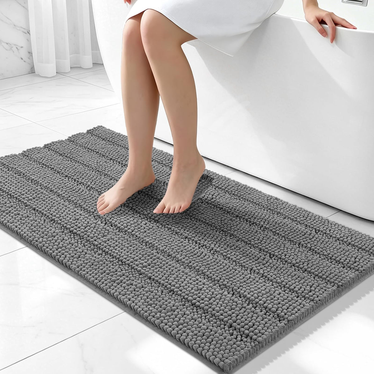 Bcoimo Small Bath Rug Mat,24x17 Chenille Non Slip Gray Bathroom Shower Mat