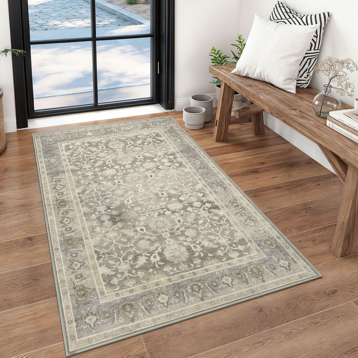 KUTA Vintage Floral Washable 2x3 Rugs for Entryway Blue Grey Beige