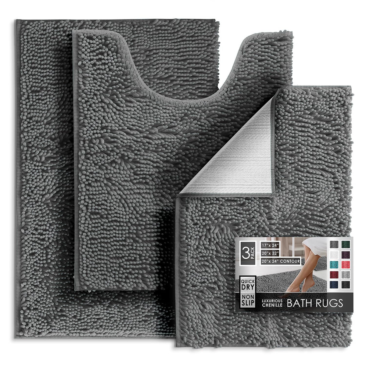 Hearth & Harbor Bathroom Rugs, Chenille Bath Mat - Machine Washable Bath Mats for Bathroom Non-Slip Backing Rubber, Quick Dry Bathroom Mat, 17 x 24 + 20 x 32 - Hunter Green