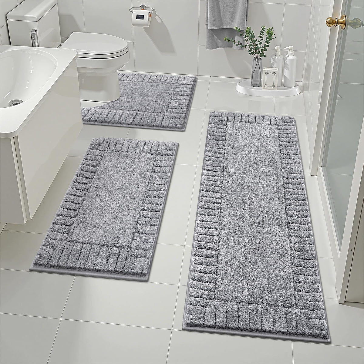Pauwer Bathroom Rugs Sets 3 Piece, Microfiber Bath Mat Set, Dark Grey
