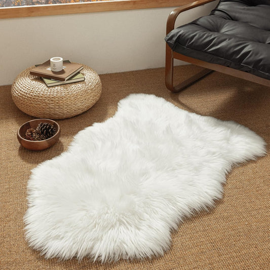 Ashler Faux Fur Rug, White, 2x3 Ft, Machine Washable