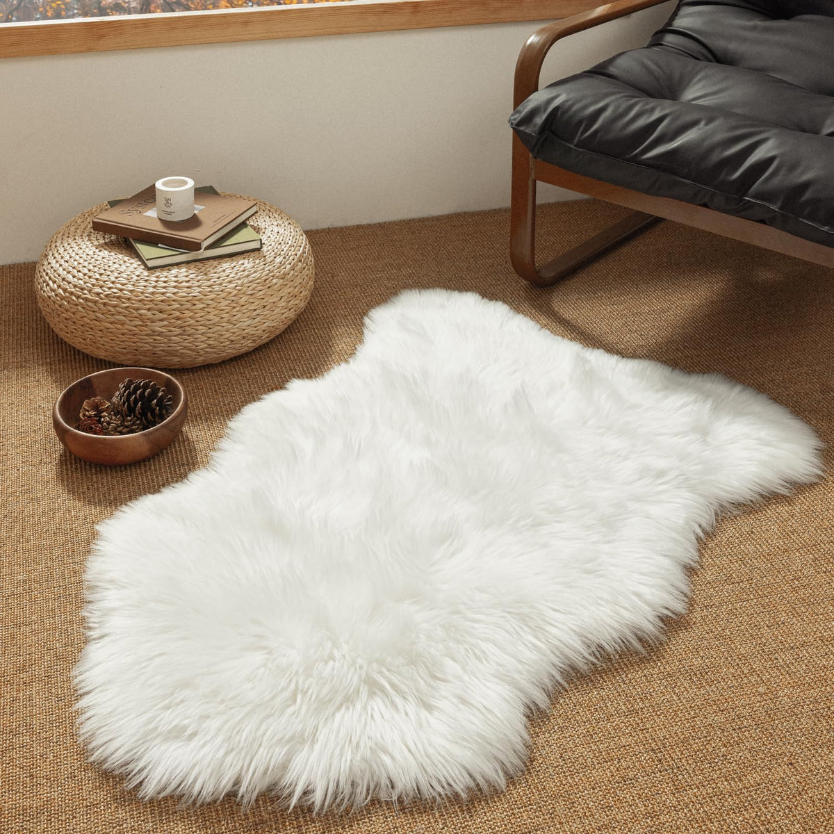 Ashler Faux Fur Rug, White, 2x3 Ft, Machine Washable