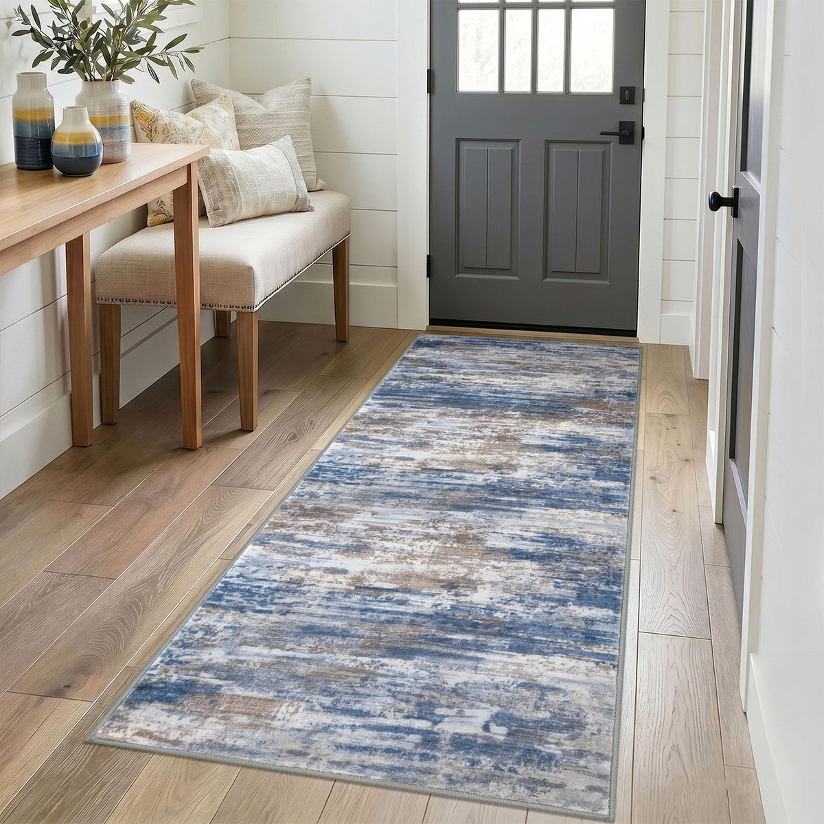 KOZYFLY Abstract Entryway Rug 2x3 Washable Door Mat Indoor Blue Beige