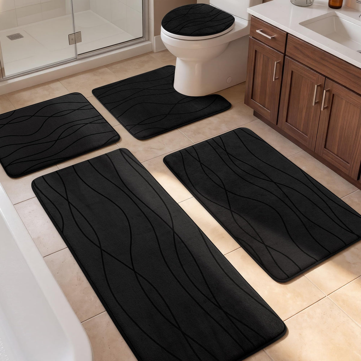 YIHOUSE Bathroom Rugs Set 5 Piece, Memory Foam Bath Mat Dark Grey