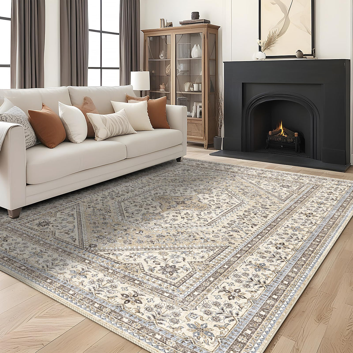 2x3 Washable Entryway Area Rug - Non-Slip Boho Throw Rugs Beige Gray