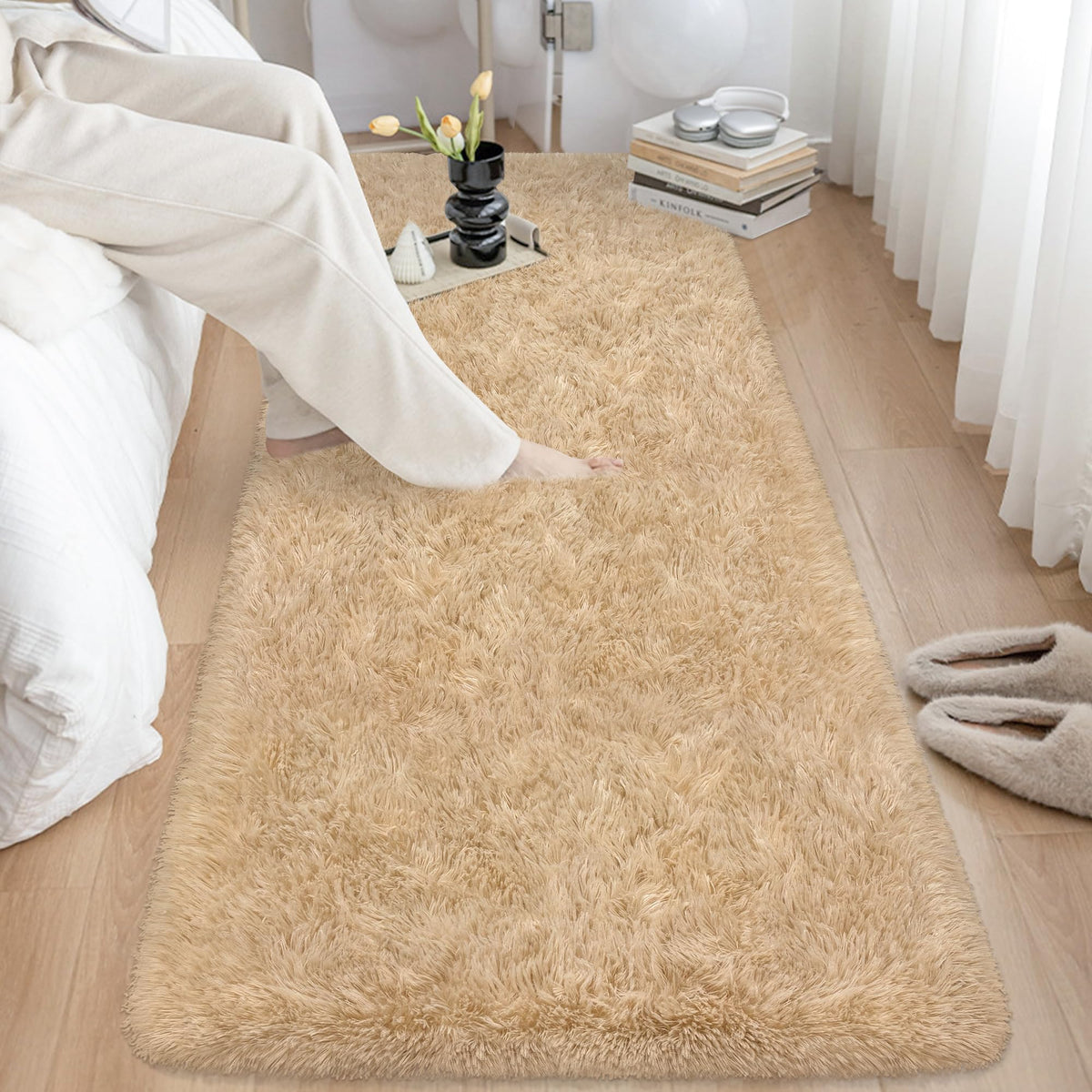 Soft Fluffy Beige Runner Rug for Bedroom, Bedside Long Rug Runner