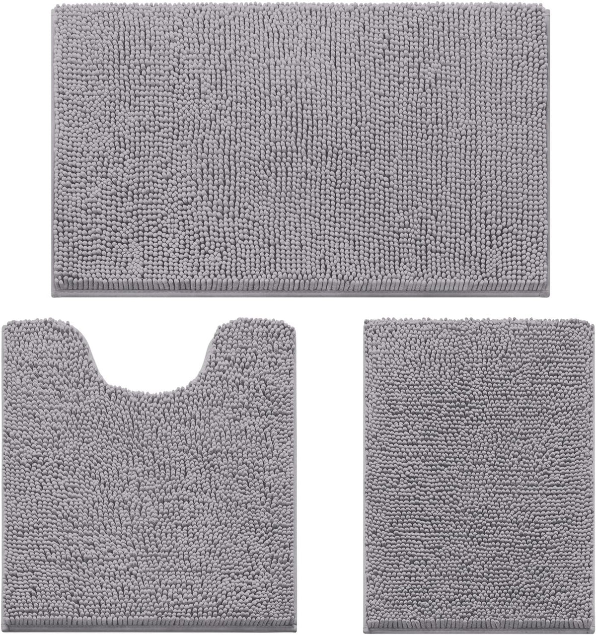 HOMEIDEAS Grey Chenille Bathroom Rugs Set of 3, Non Slip Bath Mat