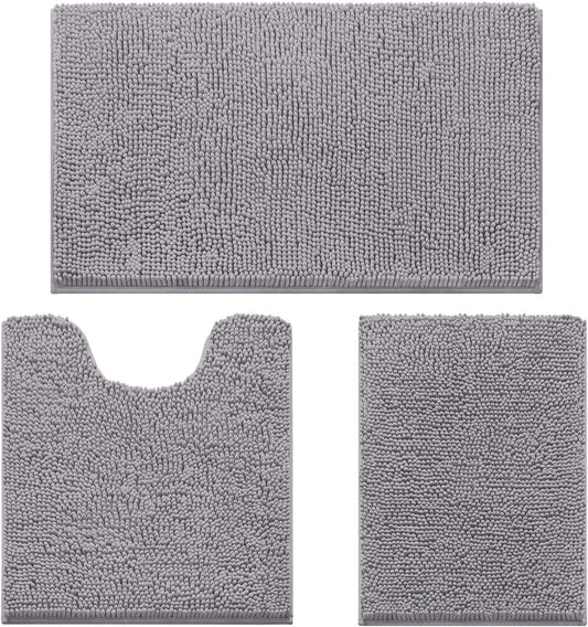 HOMEIDEAS Grey Chenille Bathroom Rugs Set of 3, Non Slip Bath Mat