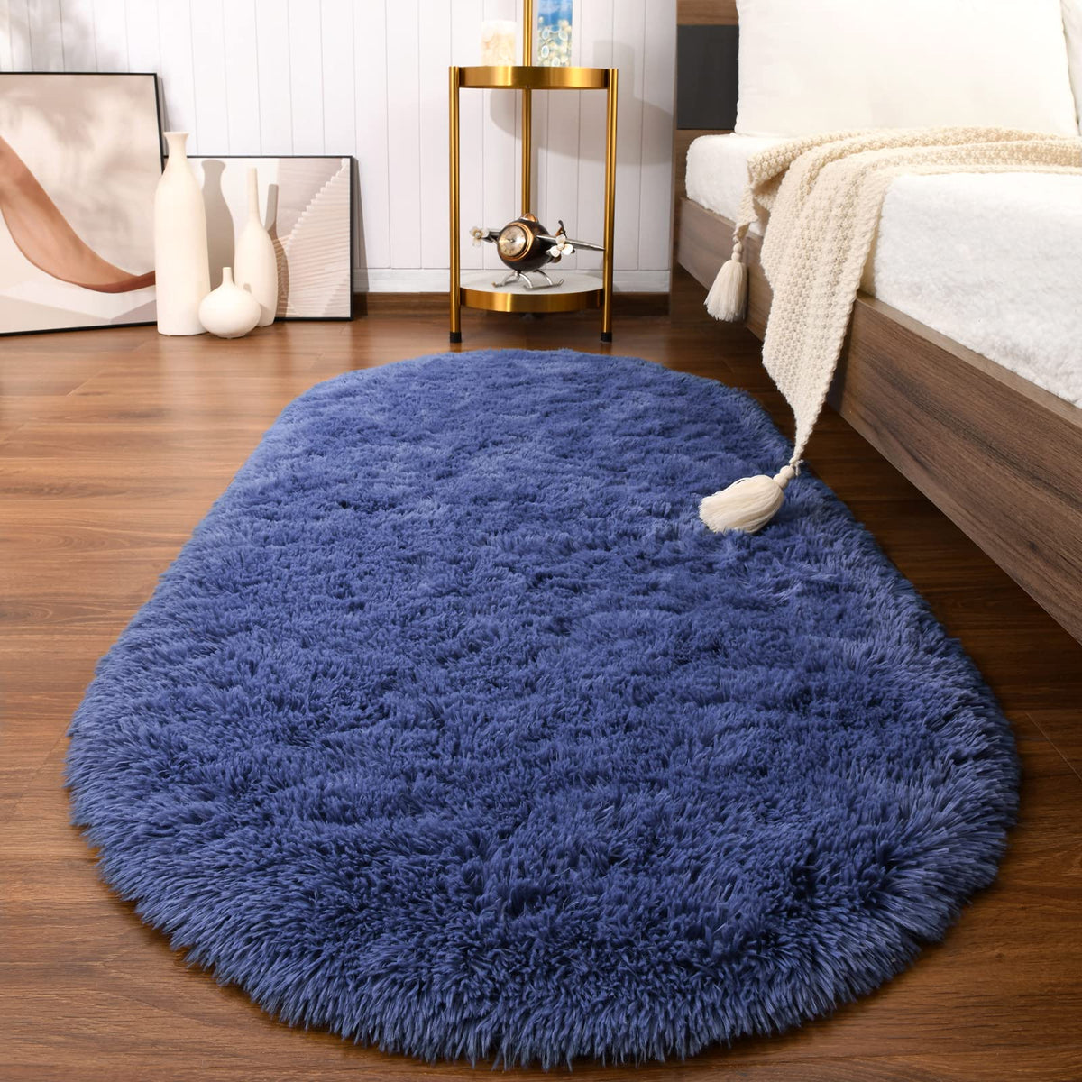 Softlife Fluffy Rugs for Bedroom, Shag Cute Area Rug for Girls/Boys and Kids Baby Room Home Decor, 2.6 x 5.3 Feet Oval Indoor Carpet for Nursery Dorm Living Room, Creamy
