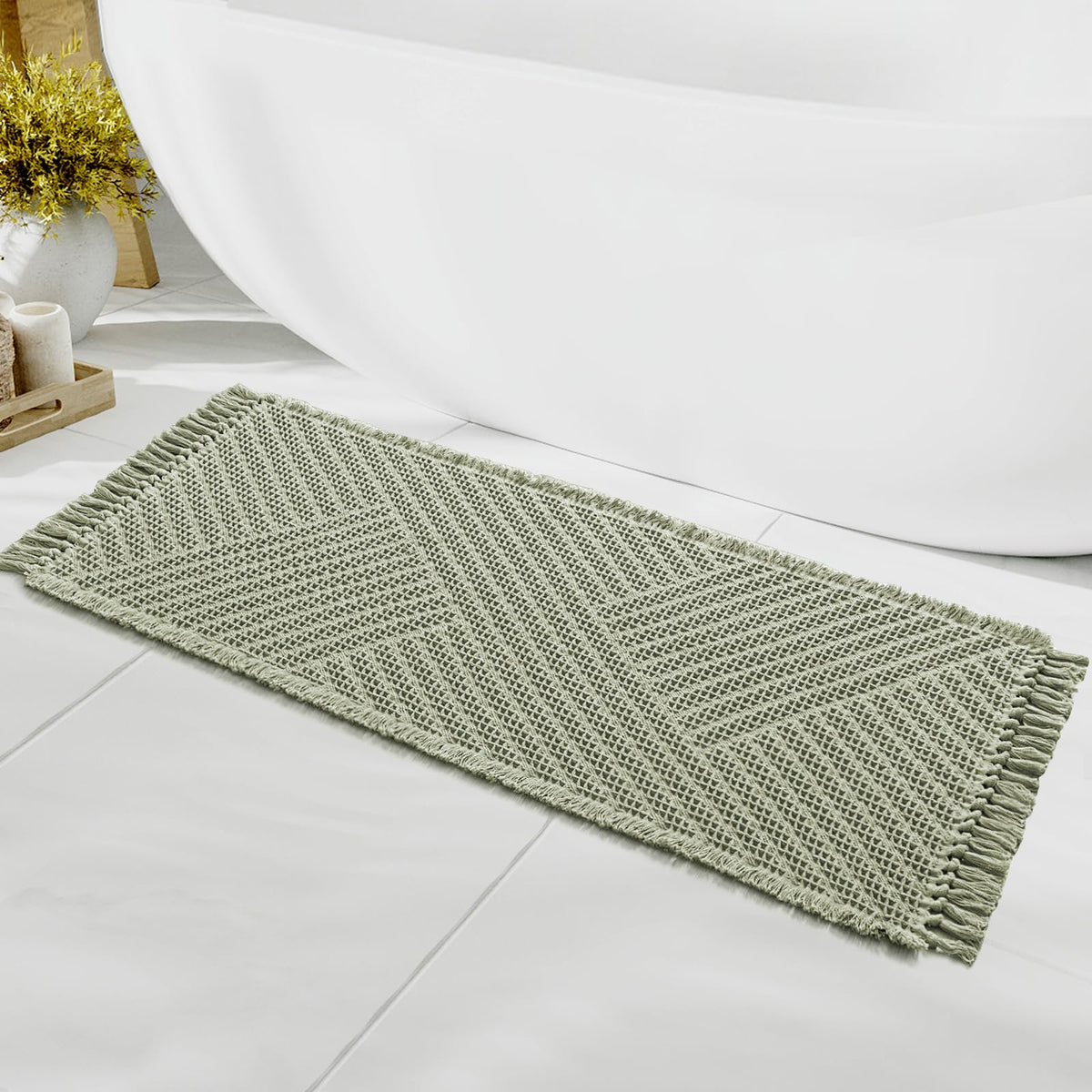 H.VERSAILTEX Waffle Bath Mat Super Absorbent Boho Bath Mat Non Slip Bath Rugs for Bathroom Floor Machine Washable Dry Fast Bathroom Rugs with Tassels, 24" x 36", Ivory White