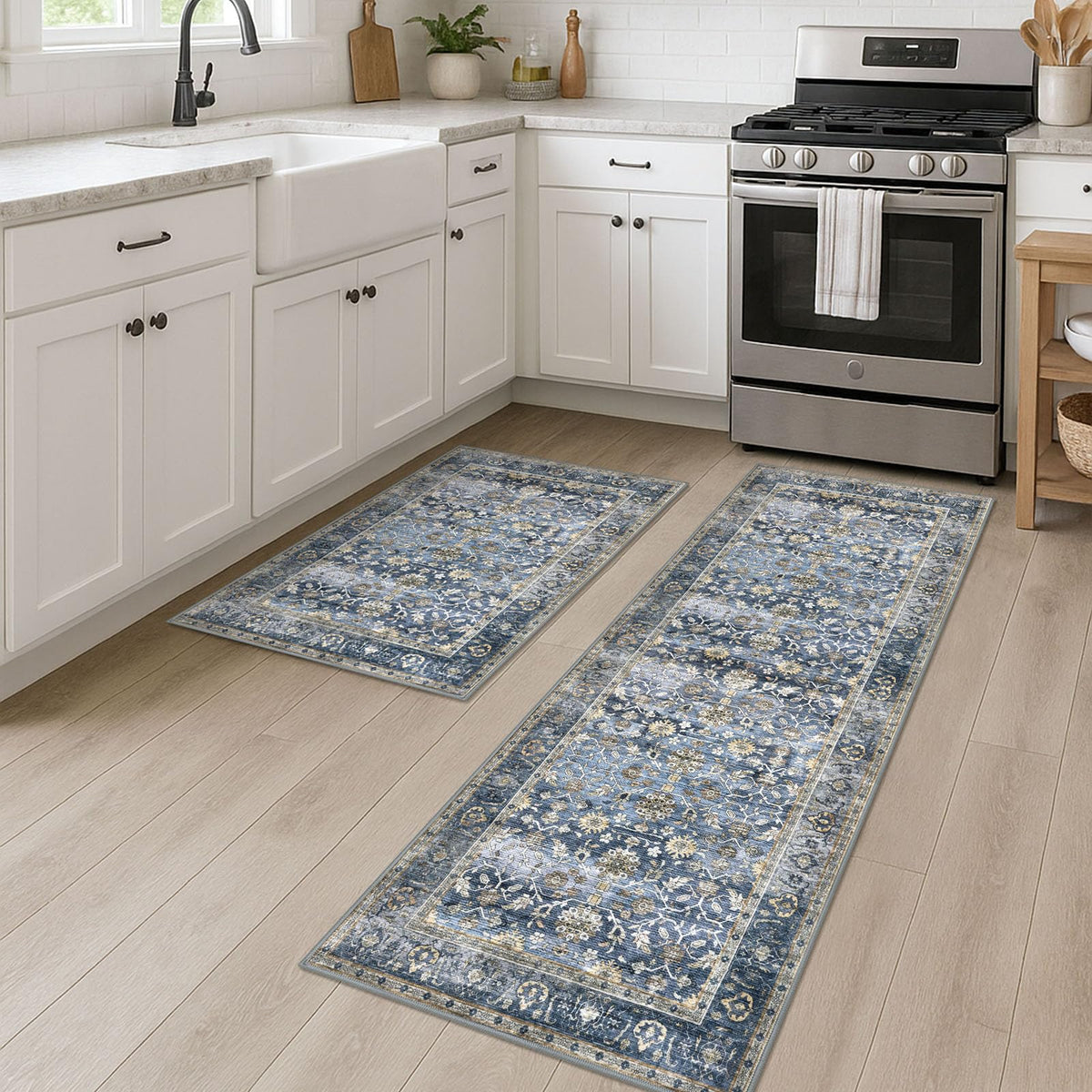 KUTA Vintage Floral Washable 2x3 Rugs for Entryway Blue Grey Beige