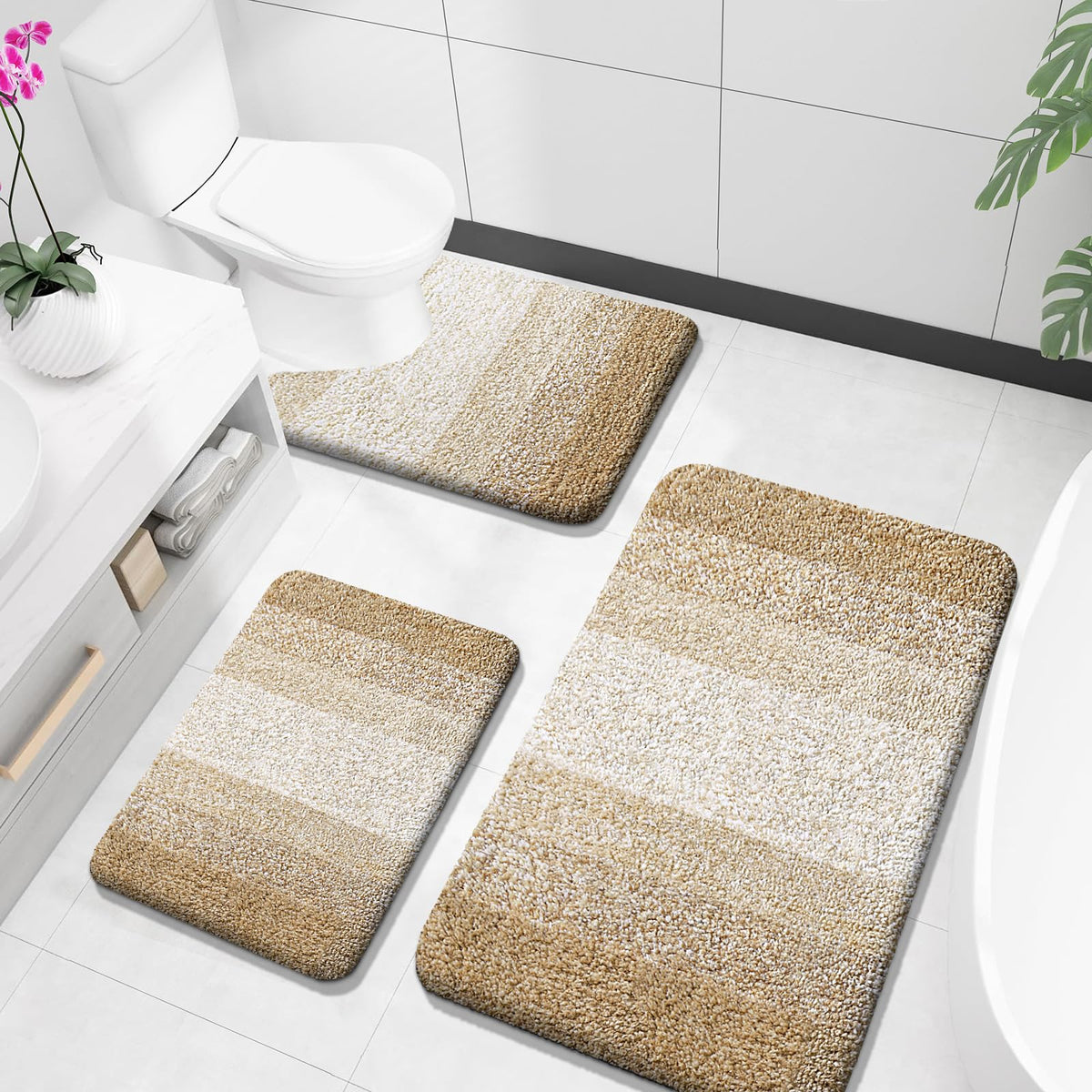 OLANLY Microfiber Bathroom Rugs Sets 3 Piece, Absorbent Bath Mats, Grey