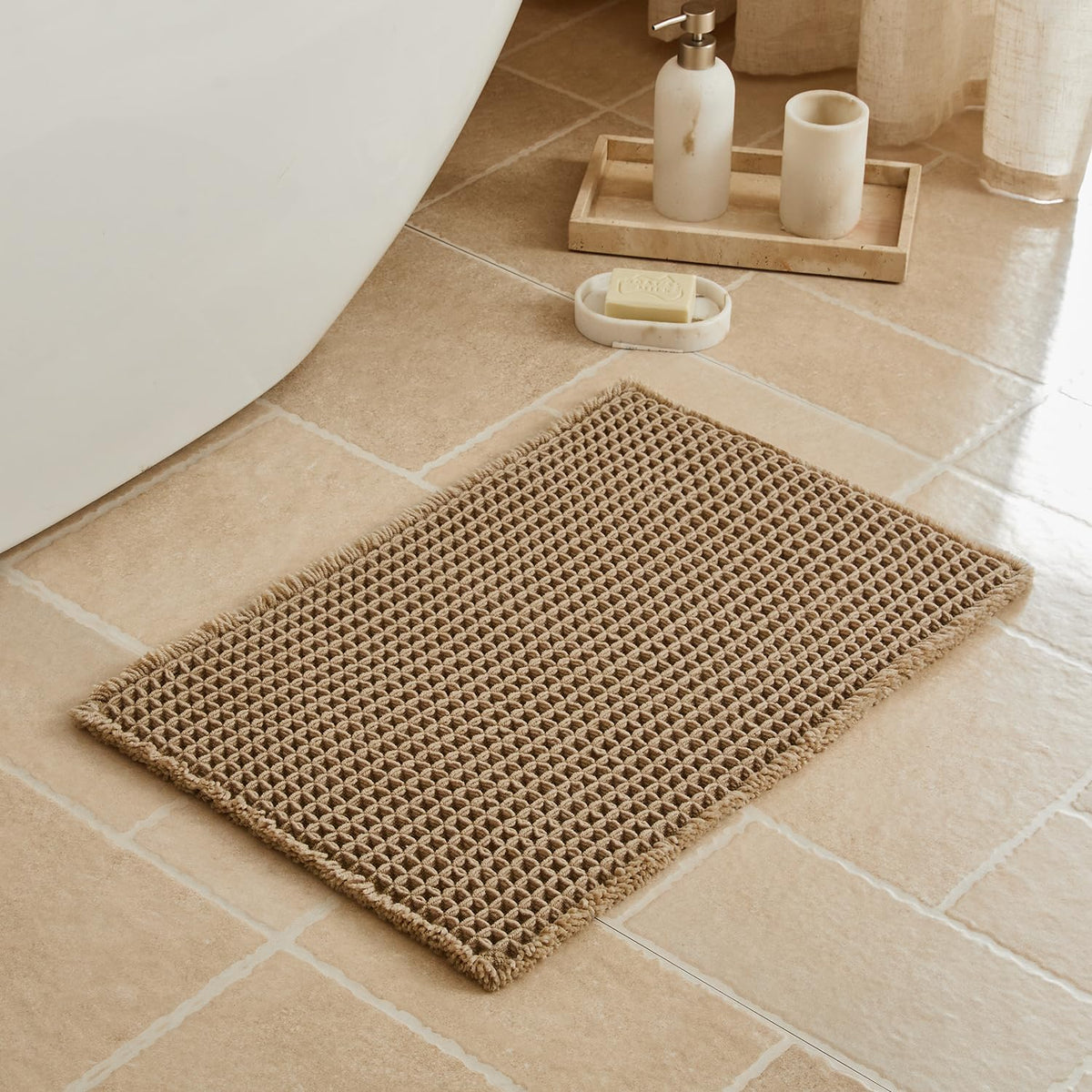 Triohero Waffle Bath Mat, Small Boho Bathroom Rugs Non Slip, 16x24 Khaki