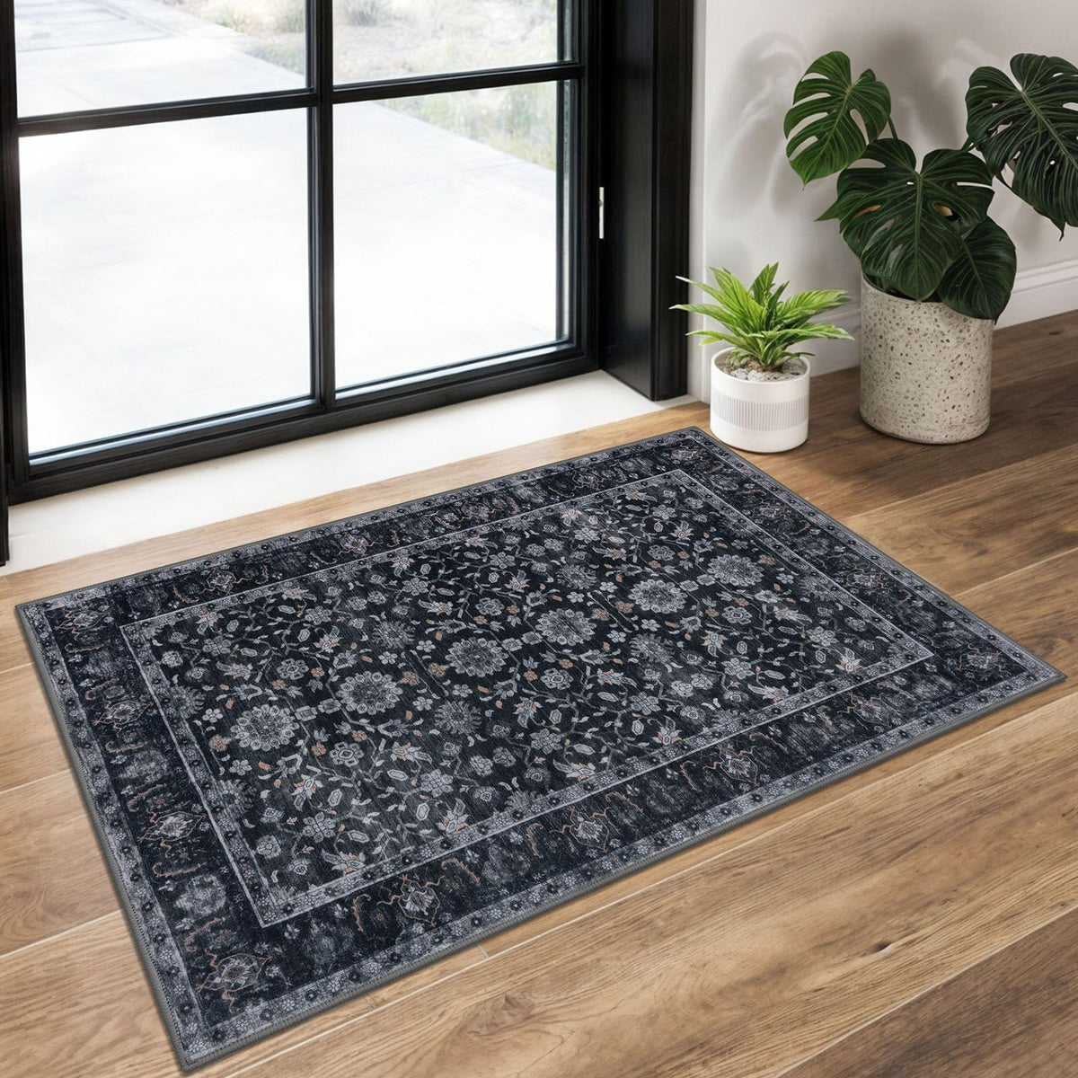 KUTA Vintage Floral Washable 2x3 Rugs for Entryway Blue Grey Beige