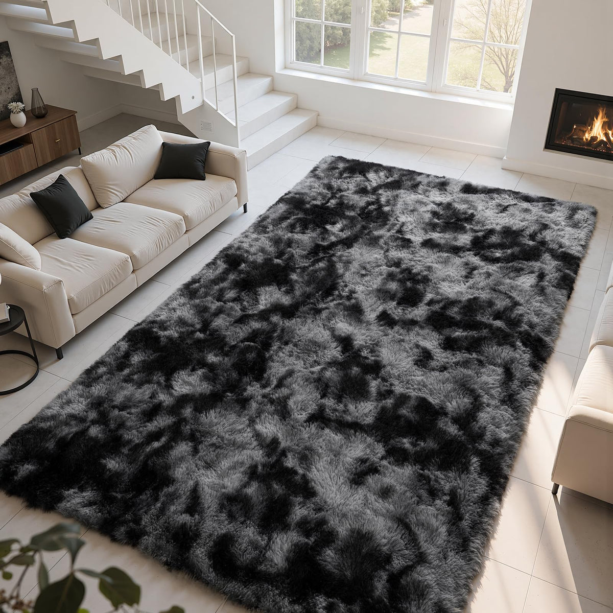 Zentavio 2x6 Runner Rugs for Hallway Shag Soft Bedroom Bedside Rugs Non Slip Fluffy Carpet for Kids Girls Boys Home Decor Aesthetic Dorm Nursery Tie-Dyed Black Grey