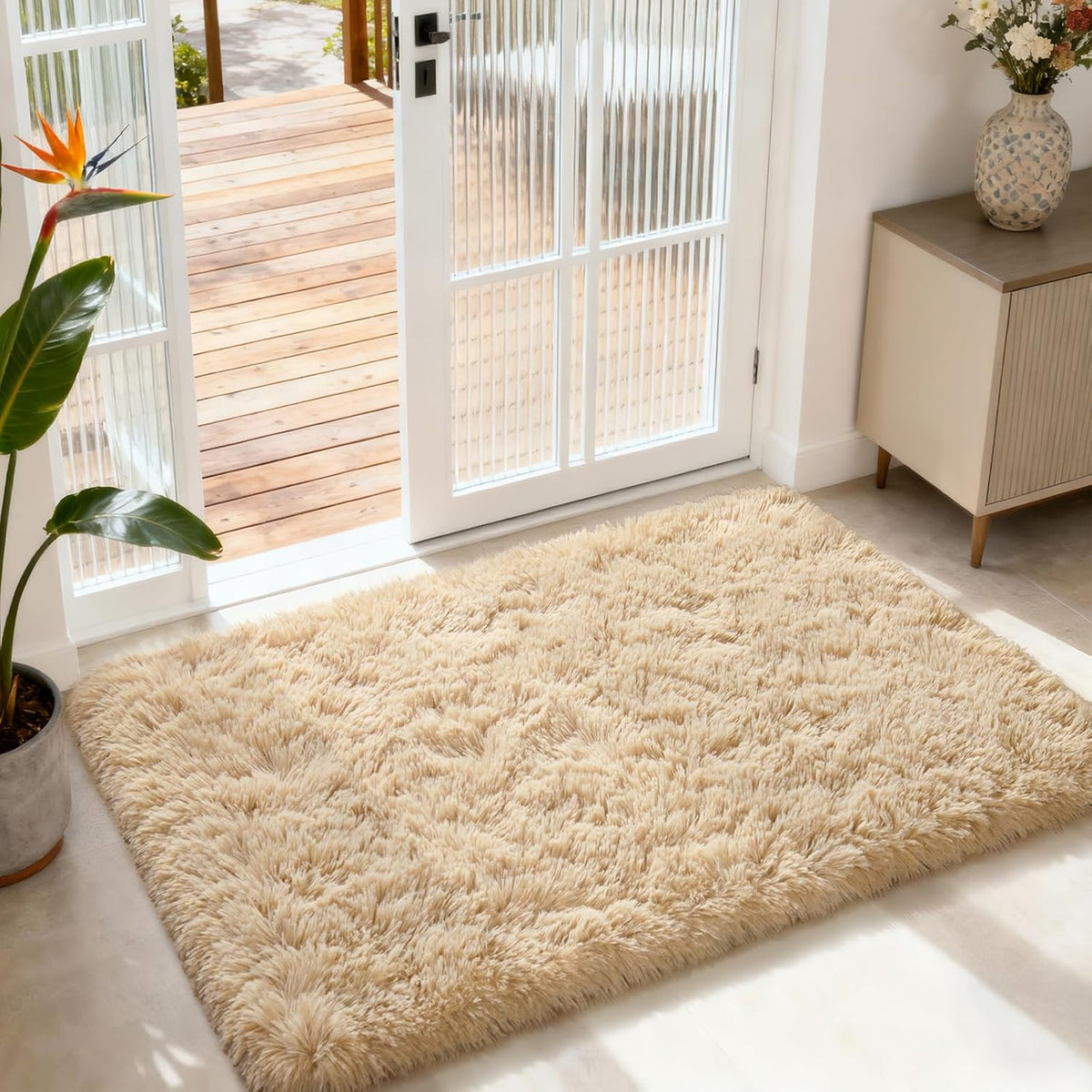 Merelax Fluffy Rug Shaggy Area Rug, Beige 2x4 Area Rugs for Bedroom, Small Kids Bedside Rug, Soft Non-Slip Entryway Throw Rugs for Living Room Bedroom Nursery Room Home Holiday Decor Aesthetic