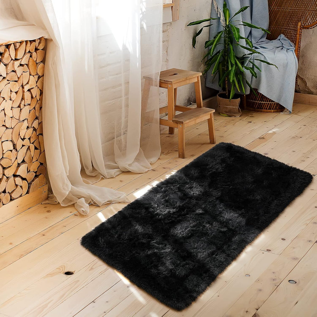 Amearea Shag Fluffy Small Rug, 2x4 Throw Rugs for Bedroom Girls, Black