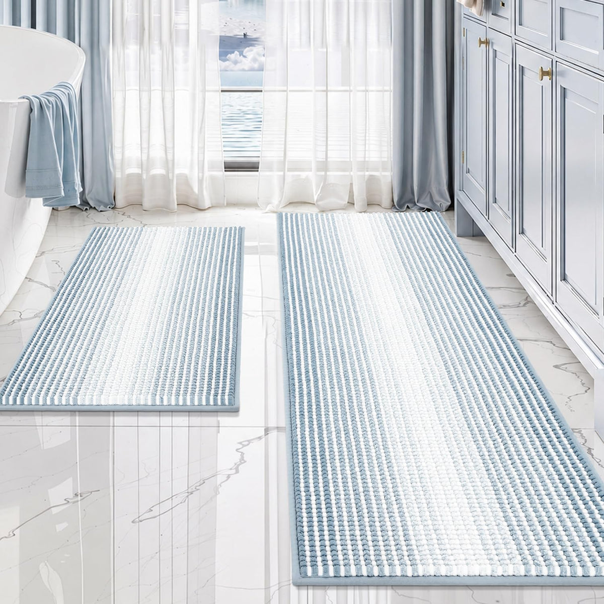 BSICPRO Bathroom Rugs Sets 2 Piece, Non Slip Striped Bath Mats, Sage