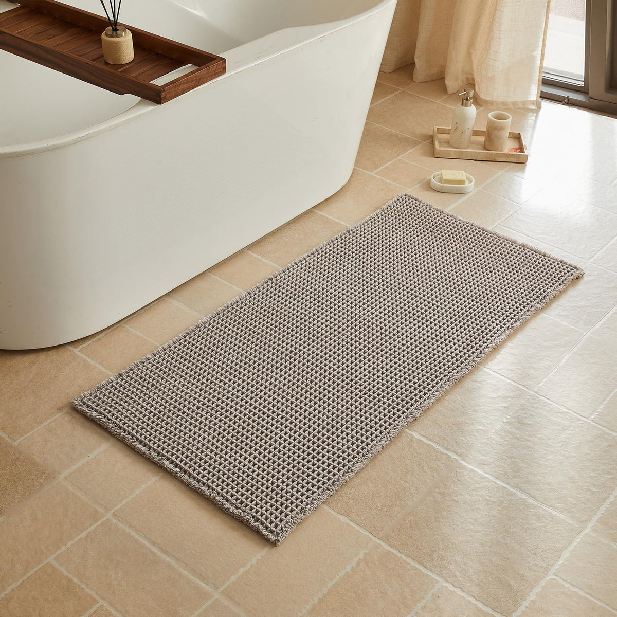 Triohero Waffle Bath Mat, Small Boho Bathroom Rugs Non Slip, 16x24 Khaki