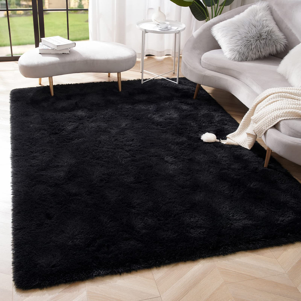 Amearea Shag Fluffy Small Rug, 2x4 Throw Rugs for Bedroom Girls, Black