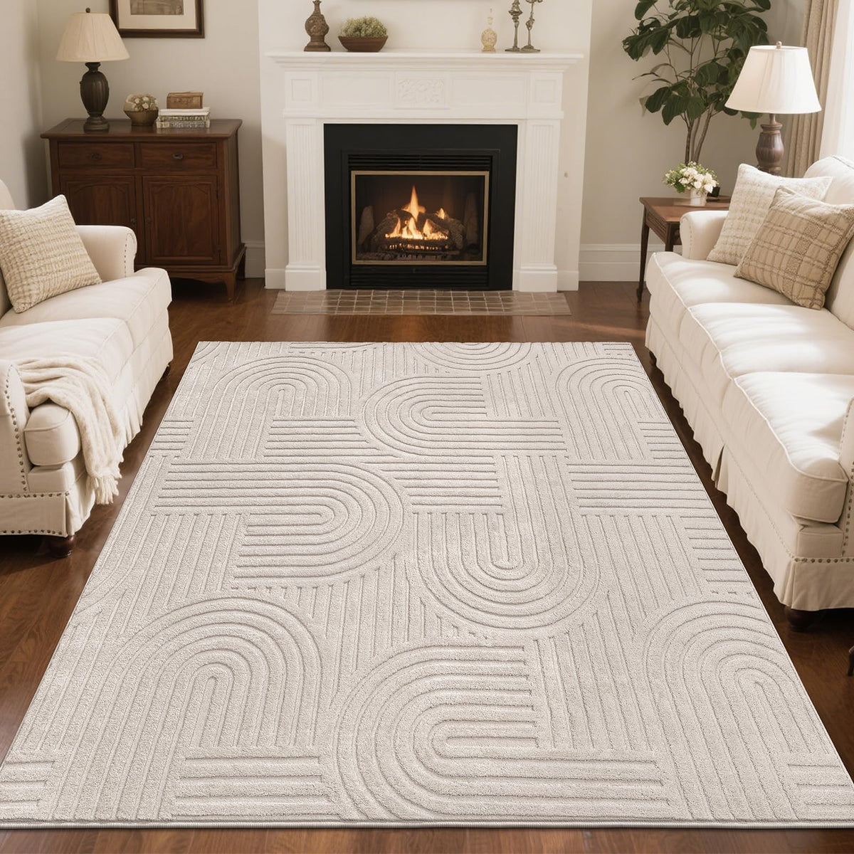 SHACOS Soft Fluffy Arch Pattern Area Rug 2'7"x5' Non Slip Washable Minimalist Modern High-Low Geometric Carpet for Living Room Kitchen Bedroom Bathroom, Beige