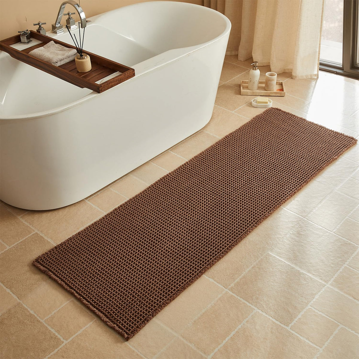 Triohero Waffle Bath Mat, Small Boho Bathroom Rugs Non Slip, 16x24 Khaki