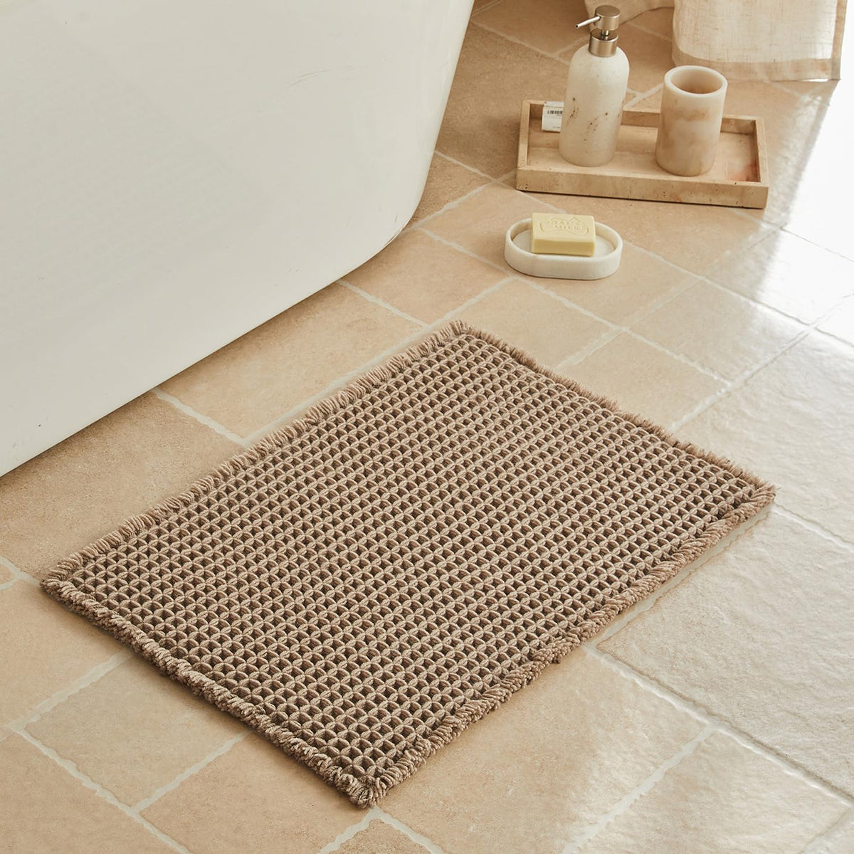 Triohero Waffle Bath Mat, Small Boho Bathroom Rugs Non Slip, 16x24 Khaki