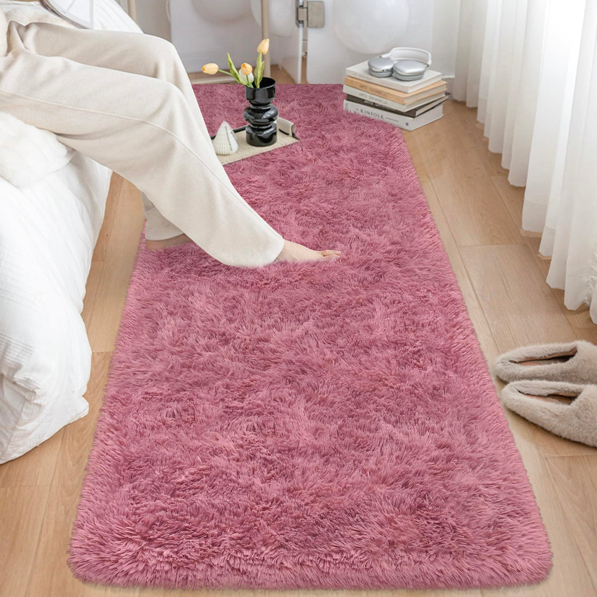Soft Fluffy Beige Runner Rug for Bedroom, Bedside Long Rug Runner