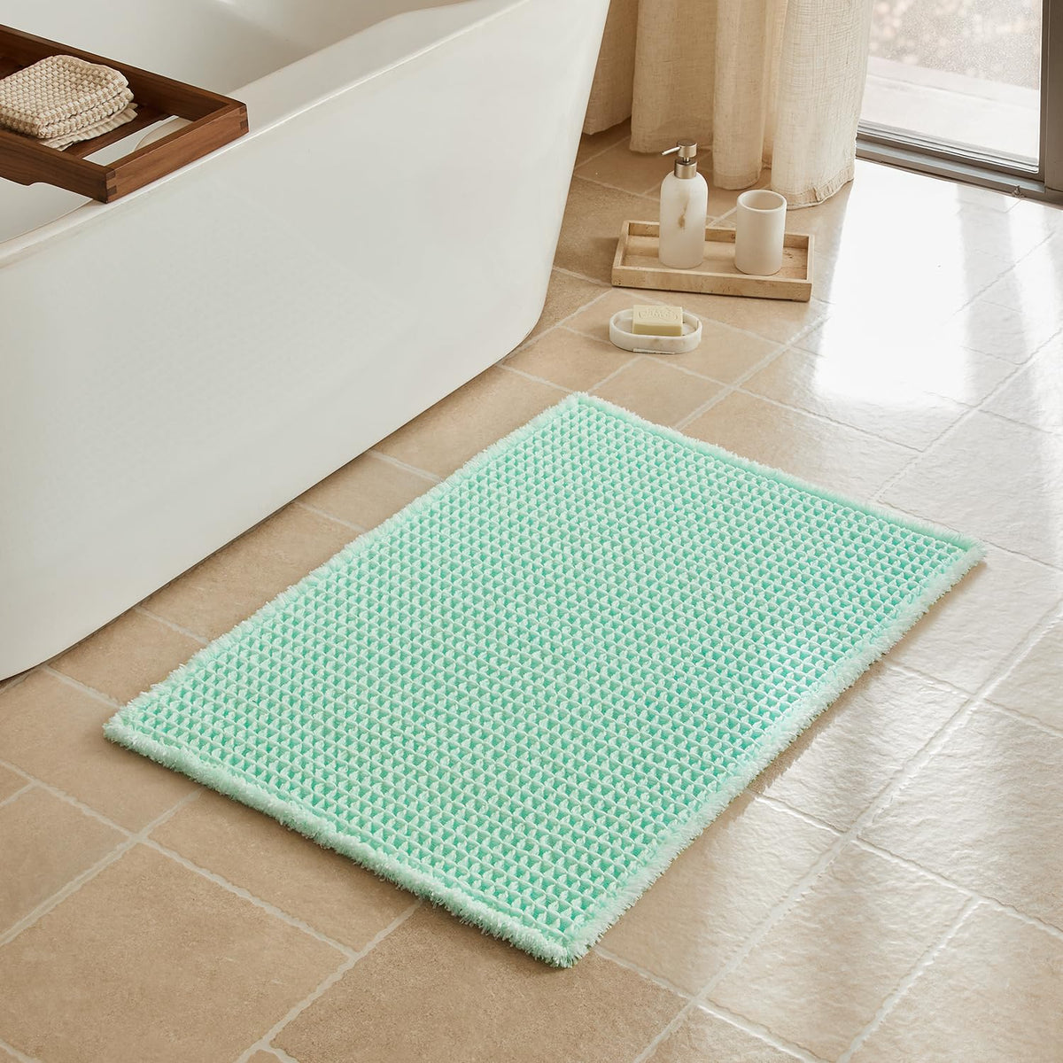 Triohero Waffle Bath Mat, Small Boho Bathroom Rugs Non Slip, 16x24 Khaki
