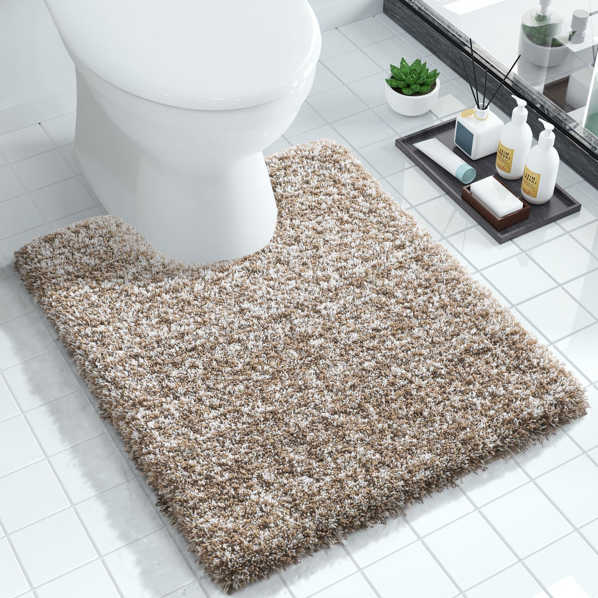 Yimobra Bathroom Rugs Non Slip Washable 32X20, Ultra Soft and Water Absorbent Bath Mats, Plush Fluffy Shower Mat Outside, Microfiber Thick Matts for Bathroom Floor/Tub, Light Gray and White
