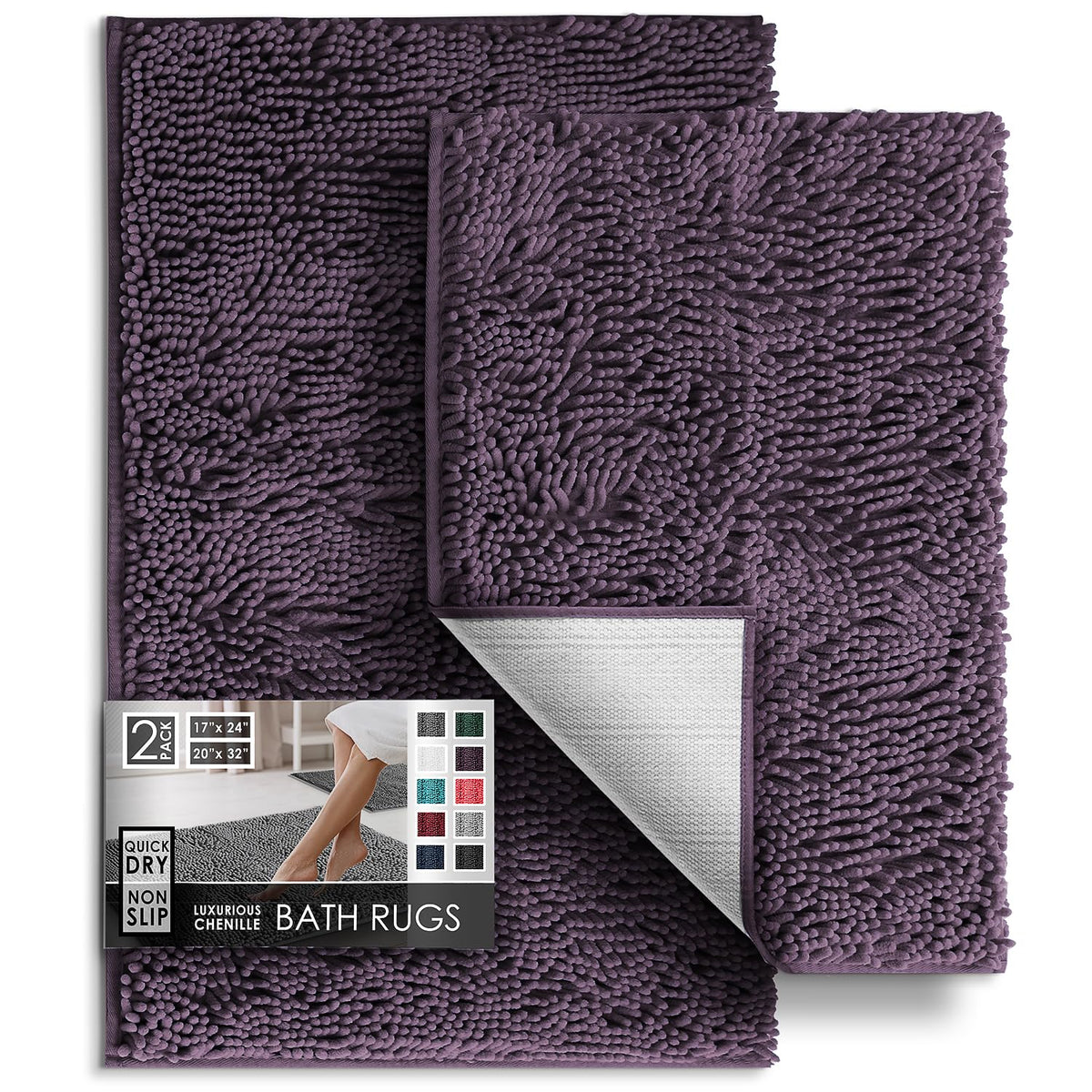 Hearth & Harbor Bathroom Rugs, Chenille Bath Mat - Machine Washable Bath Mats for Bathroom Non-Slip Backing Rubber, Quick Dry Bathroom Mat, 17 x 24 + 20 x 32 - Hunter Green