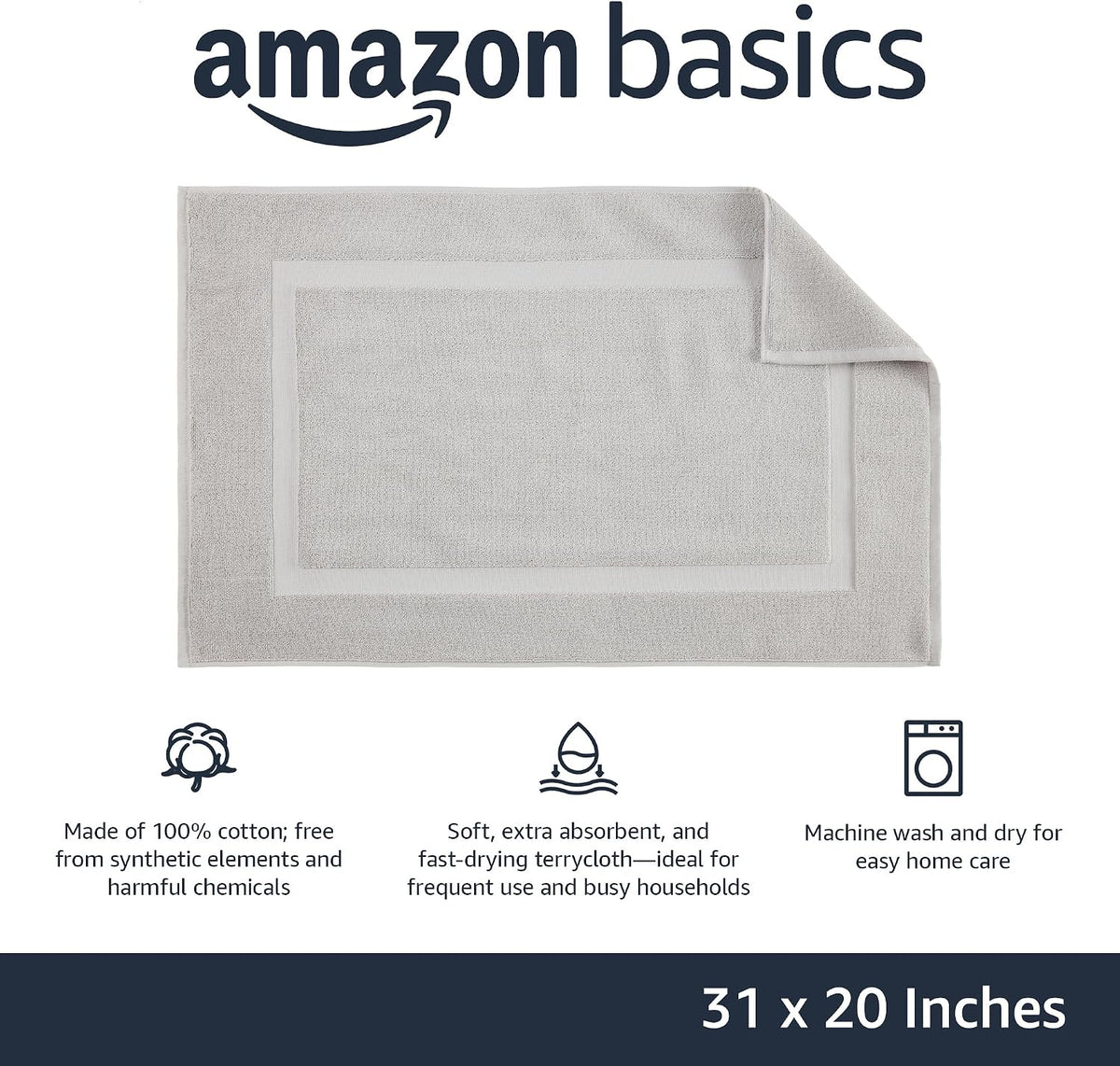 Amazon Basics Banded Bathroom Bath Rug Mat, 100% Cotton, 31 x 20 inches, Soft Silver