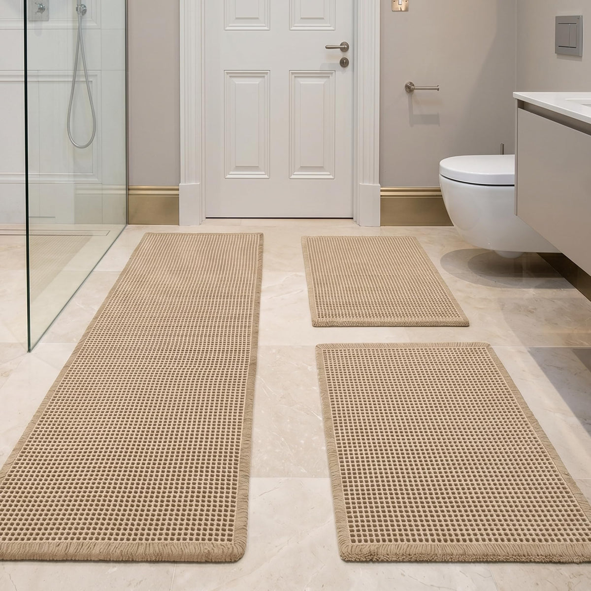 JIUZHEN Set of 2 Waffle Bath Mats Boho Bath Rugs 16"x24"+20"x32", Brown