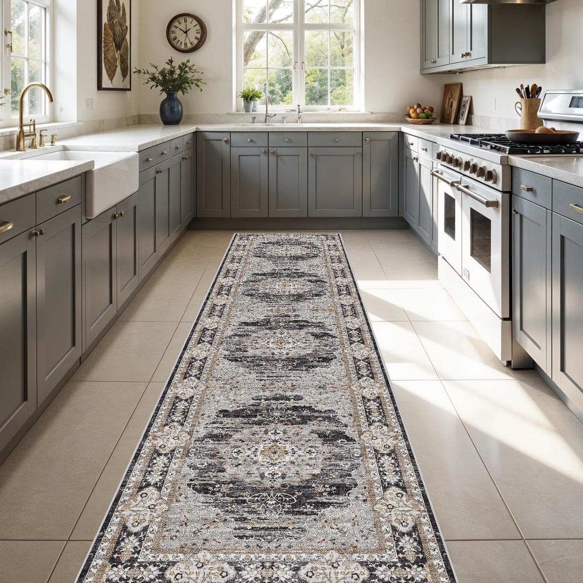2x3 Washable Entryway Area Rug - Non-Slip Boho Throw Rugs Beige Gray