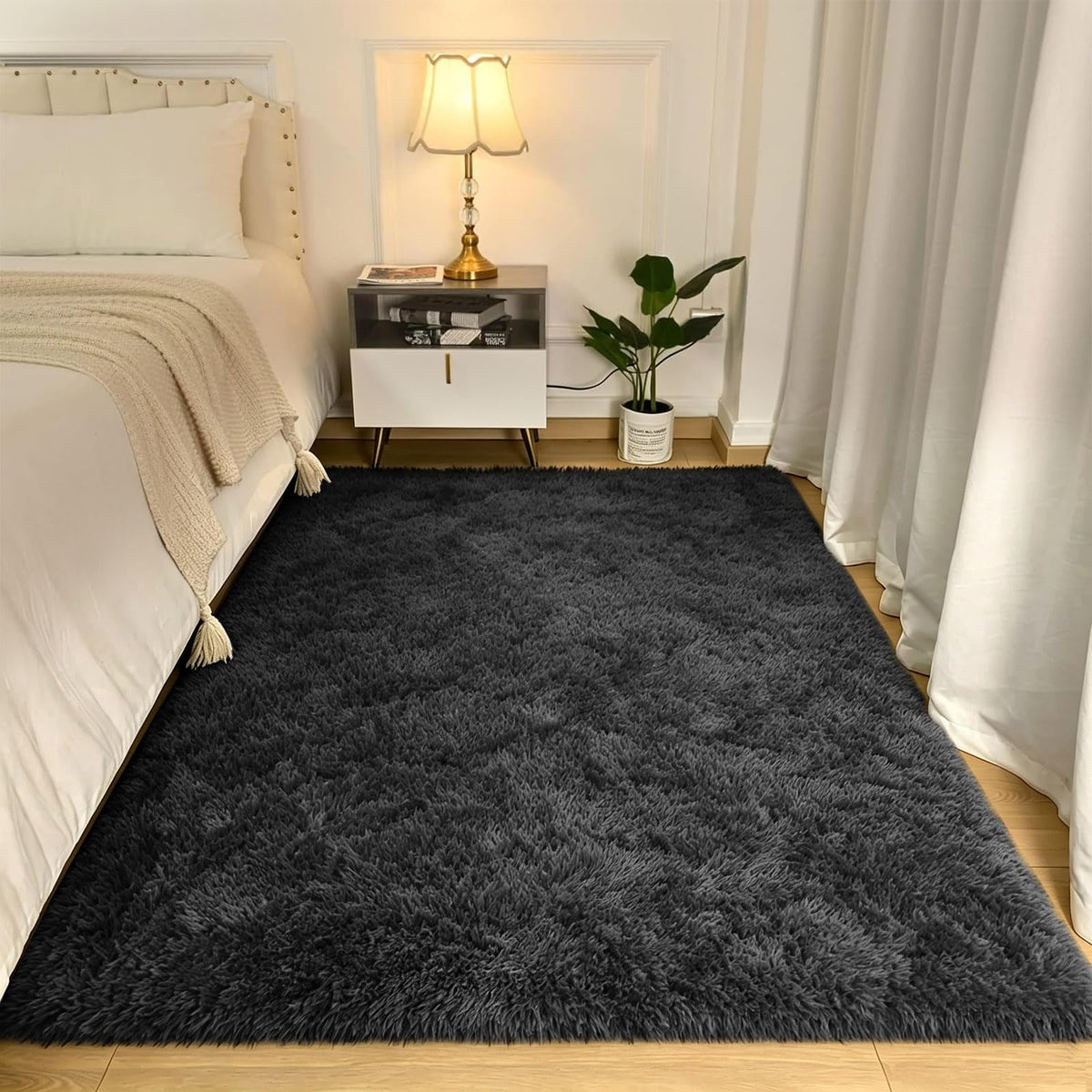 2x6 Dark Grey Fluffy Runner Rug for Hallway and Bedroom, Washable Soft Shaggy Carpet, Non-Slip Thick Shag Rug for Bedside and Living Room, Kids' and Girls' Nursery, Aesthetic Home Decor
