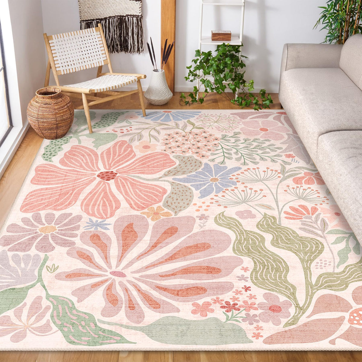 MUJOO Pink Washable 2x6 Runner Rugs Floral Area Rugs Non Slip Low-Pile