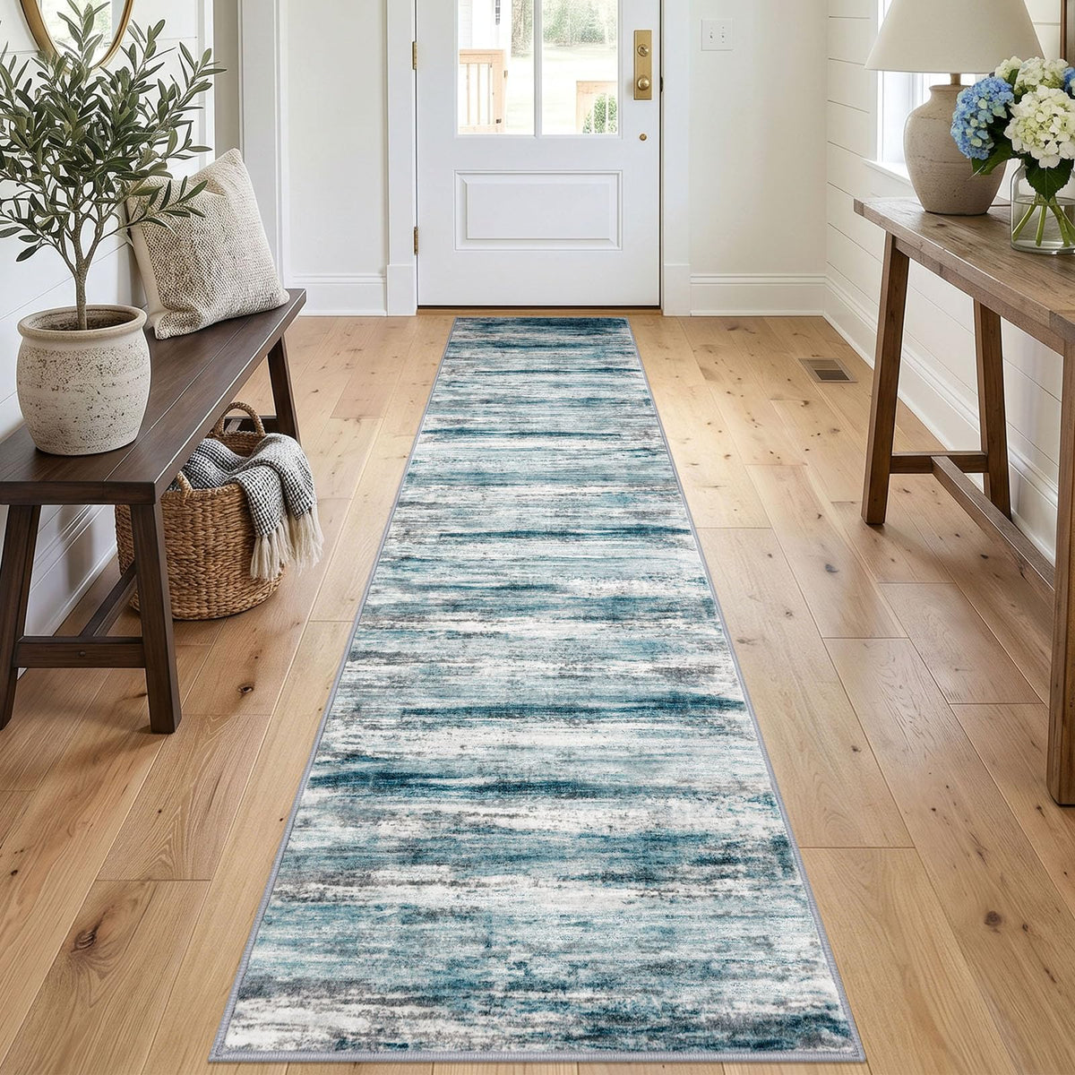 KOZYFLY Abstract Entryway Rug 2x3 Washable Door Mat Indoor Blue Beige
