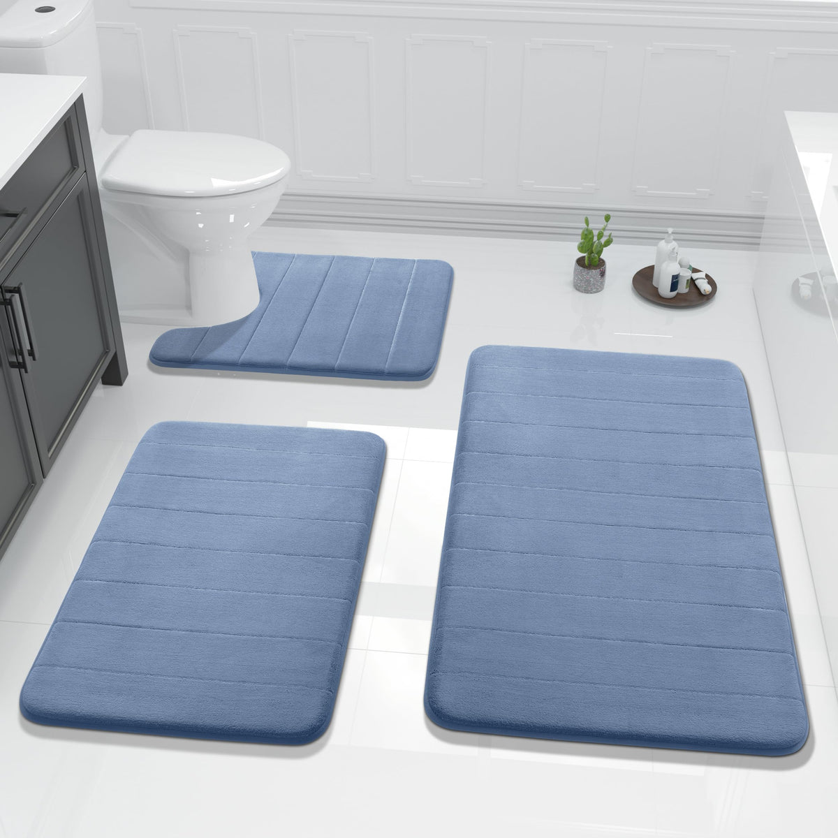 Yimobra Memory Foam Bath Mat Set 3 Pieces- Super Soft Absorbent Quick Dry Bathroom Rug Sets, Machine Washable Non Slip Floor Carpet for Tub Shower, Vanity & Toilet Base, Gray
