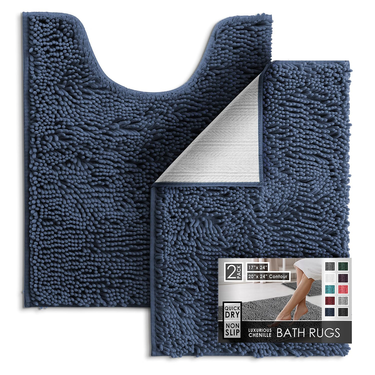 Hearth & Harbor Bathroom Rugs, Chenille Bath Mat - Machine Washable Bath Mats for Bathroom Non-Slip Backing Rubber, Quick Dry Bathroom Mat, 17 x 24 + 20 x 32 - Hunter Green